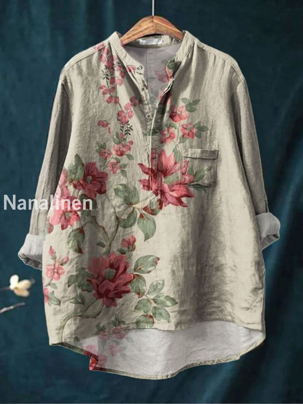 Retro Boho Floral Print Casual Long Sleeve Comfortable Cotton Shirt A / S