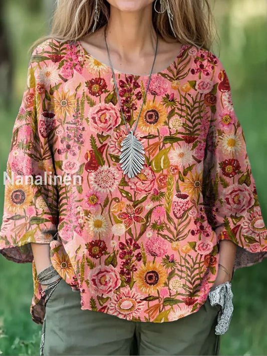 Retro Boho Floral Print Round Neck Pattern Vintage Loose Long Sleeve Top A / S
