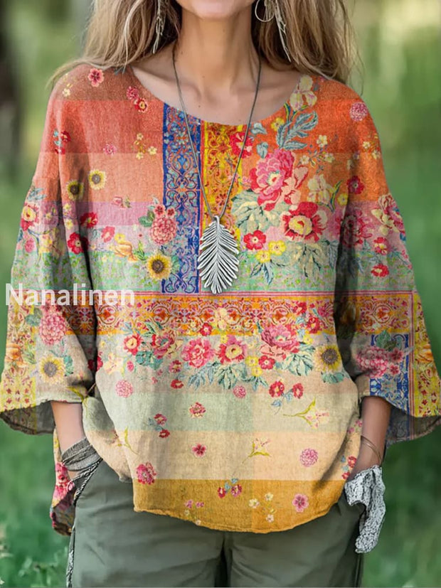 Retro Boho Floral Print Round Neck Pattern Vintage Loose Long Sleeve Top A / S