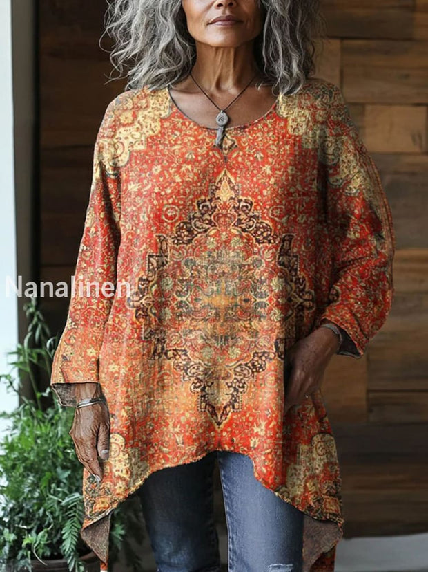 Retro Boho Floral Print Round Neck Vintage Cotton Linen Loose Long Sleeve Top A / S