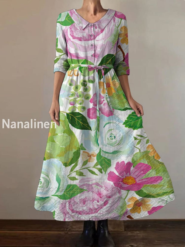 Retro Boho Floral Print Vintage Chic Round Neck Button Long Sleeve Midi Dress A / S