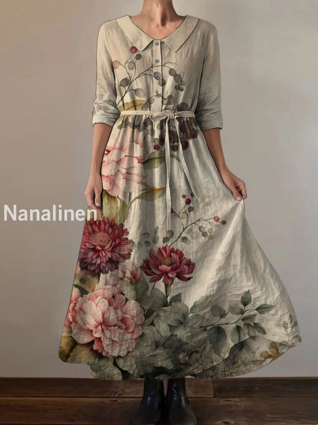 Retro Boho Floral Print Vintage Chic Round Neck Button Long Sleeve Midi Dress A / S