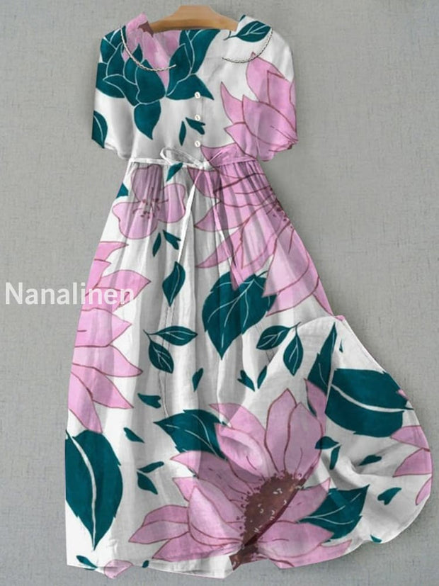 Retro Boho Floral Print Vintage Chic Round Neck Button Long Sleeve Midi Dress A / S