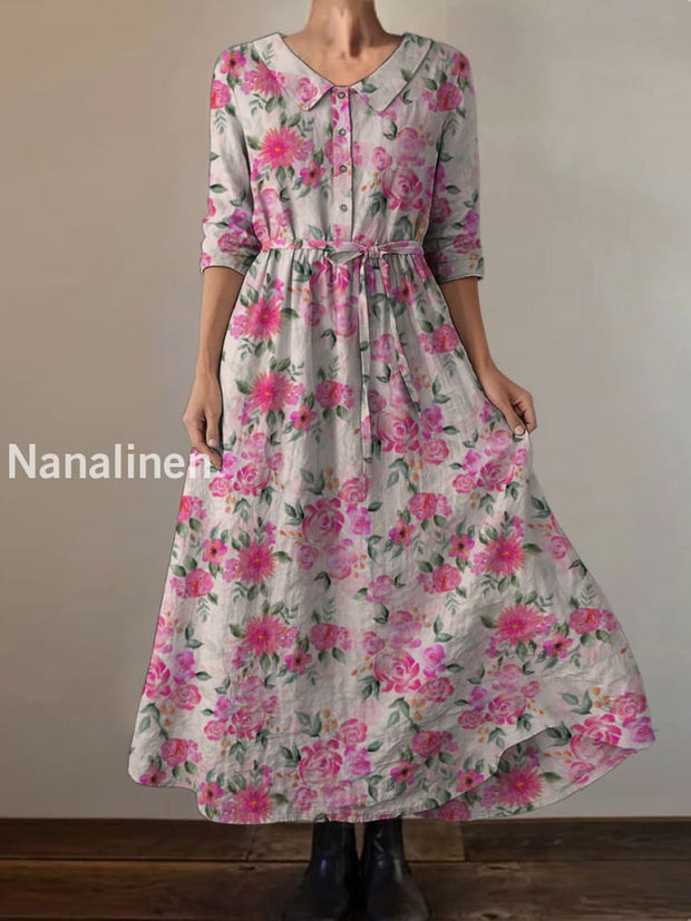 Retro Boho Floral Print Vintage Chic Round Neck Button Long Sleeve Midi Dress A / S