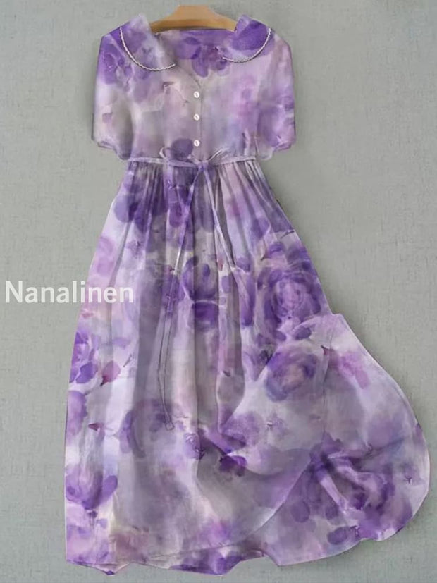 Retro Boho Floral Print Vintage Chic Round Neck Button Long Sleeve Midi Dress A / S