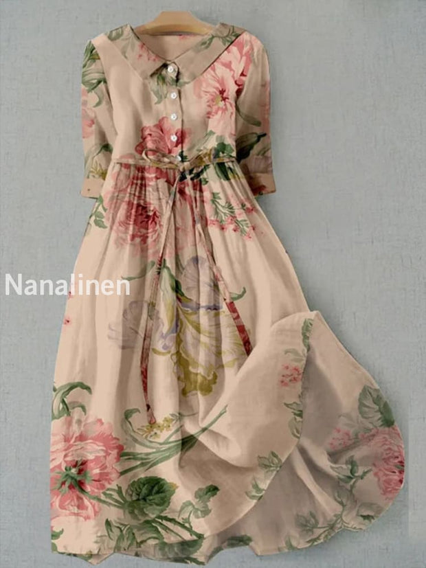 Retro Boho Floral Print Vintage Chic Round Neck Button Long Sleeve Midi Dress A / S