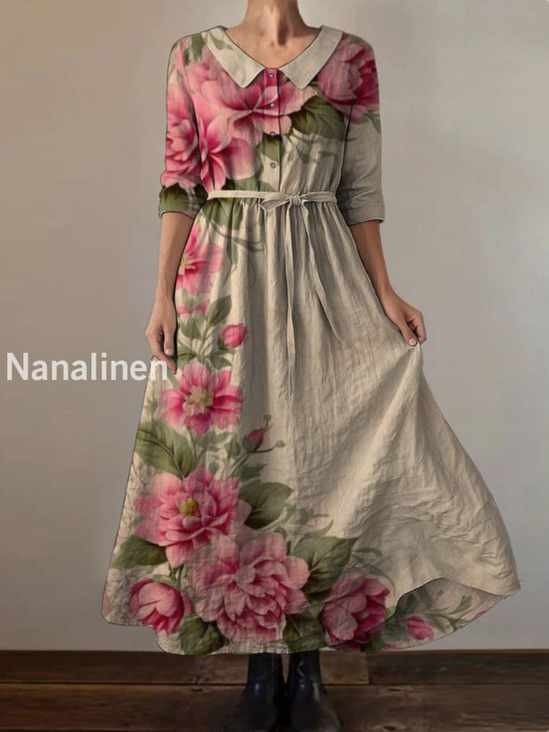 Retro Boho Floral Print Vintage Chic Round Neck Button Long Sleeve Midi Dress A / S