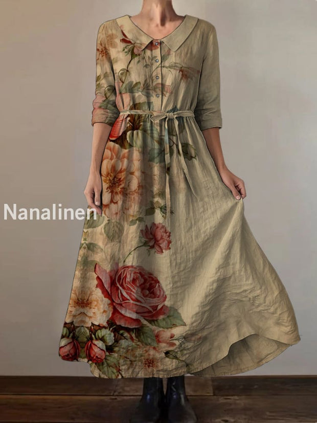 Retro Boho Floral Print Vintage Chic Round Neck Button Long Sleeve Midi Dress A / S