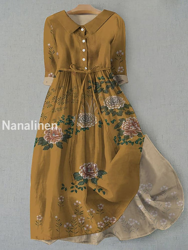 Retro Boho Floral Print Vintage Chic Round Neck Button Long Sleeve Midi Dress A / S