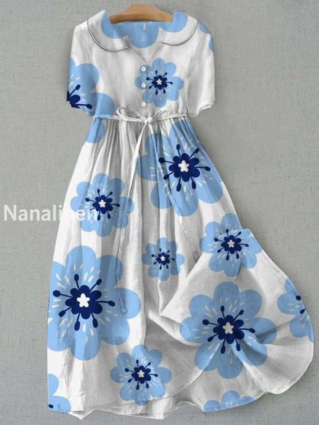 Retro Boho Floral Print Vintage Chic Round Neck Button Long Sleeve Midi Dress A / S