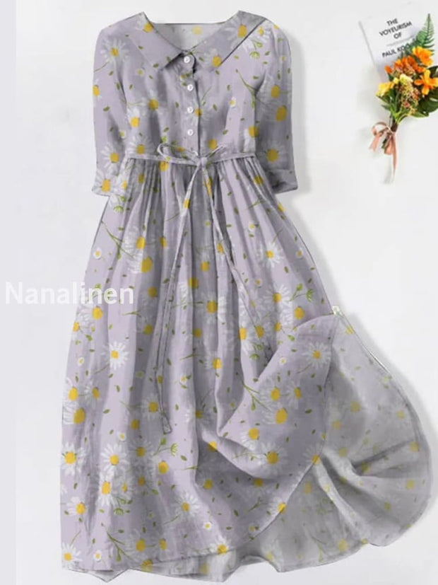 Retro Boho Floral Print Vintage Chic Round Neck Button Long Sleeve Midi Dress A / S