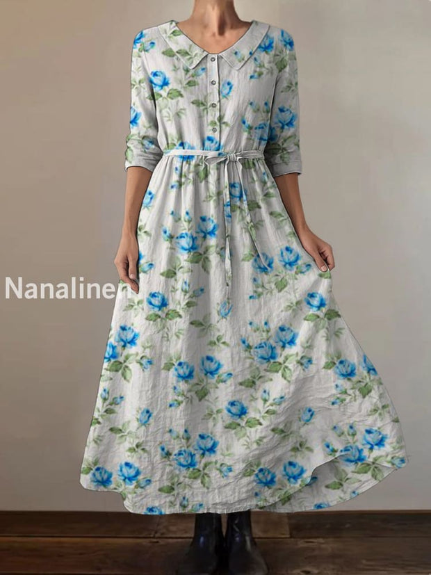 Retro Boho Floral Print Vintage Chic Round Neck Button Long Sleeve Midi Dress A / S