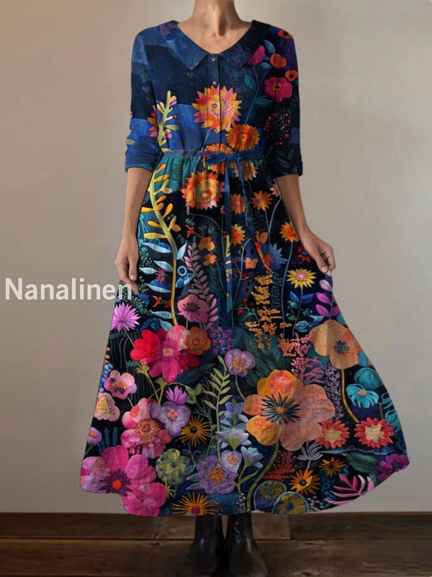 Retro Boho Floral Print Vintage Chic Round Neck Button Long Sleeve Midi Dress A / S