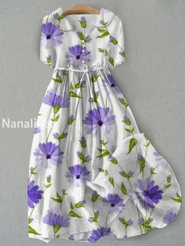 Retro Boho Floral Print Vintage Chic Round Neck Button Long Sleeve Midi Dress A / S