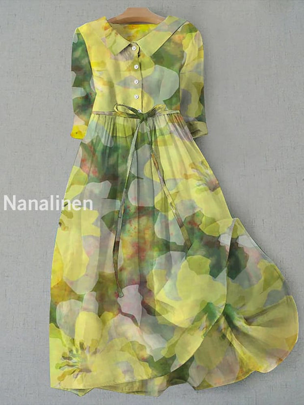 Retro Boho Floral Print Vintage Chic Round Neck Button Long Sleeve Midi Dress A / S