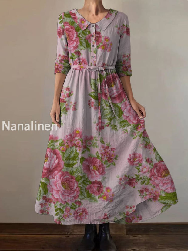 Retro Boho Floral Print Vintage Chic Round Neck Button Long Sleeve Midi Dress A / S