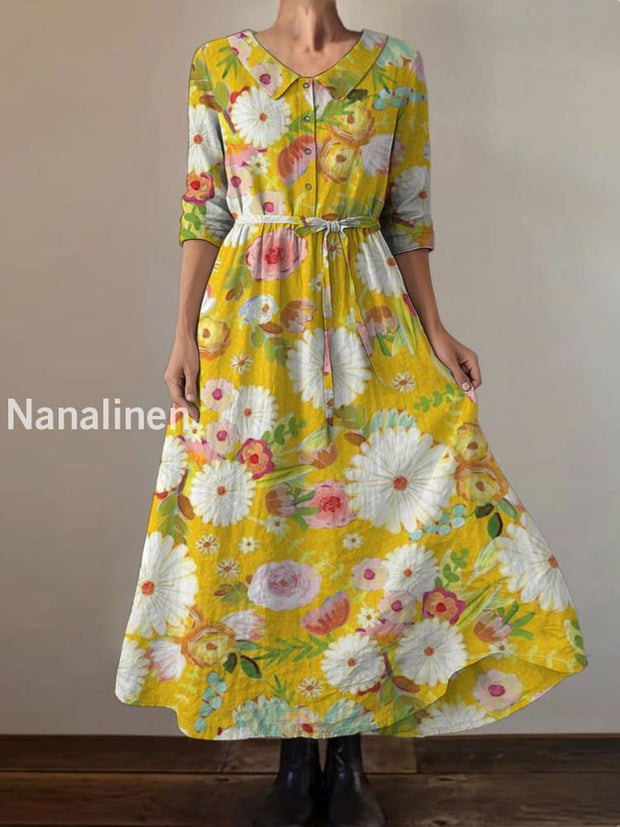 Retro Boho Floral Print Vintage Chic Round Neck Button Long Sleeve Midi Dress A / S