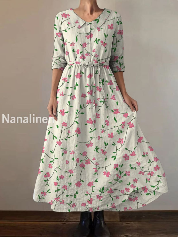 Retro Boho Floral Print Vintage Chic Round Neck Button Long Sleeve Midi Dress A / S