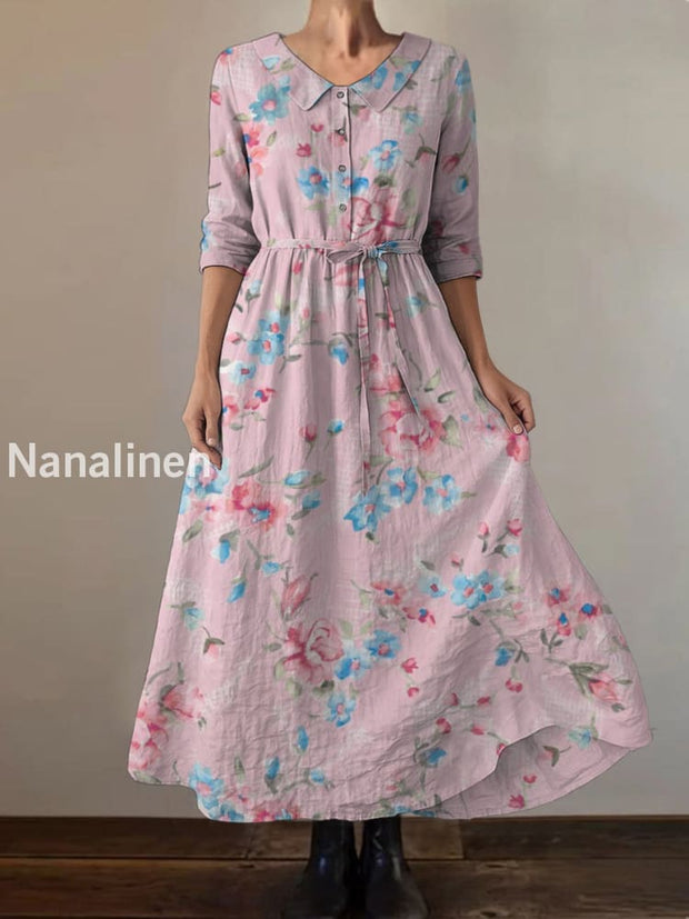 Retro Boho Floral Print Vintage Chic Round Neck Button Long Sleeve Midi Dress A / S