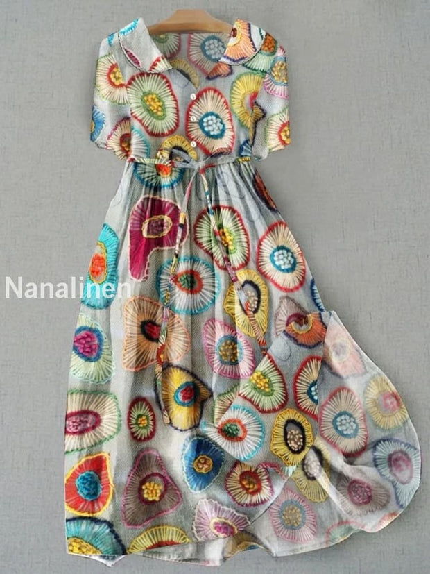 Retro Boho Floral Print Vintage Chic Round Neck Button Long Sleeve Midi Dress A / S