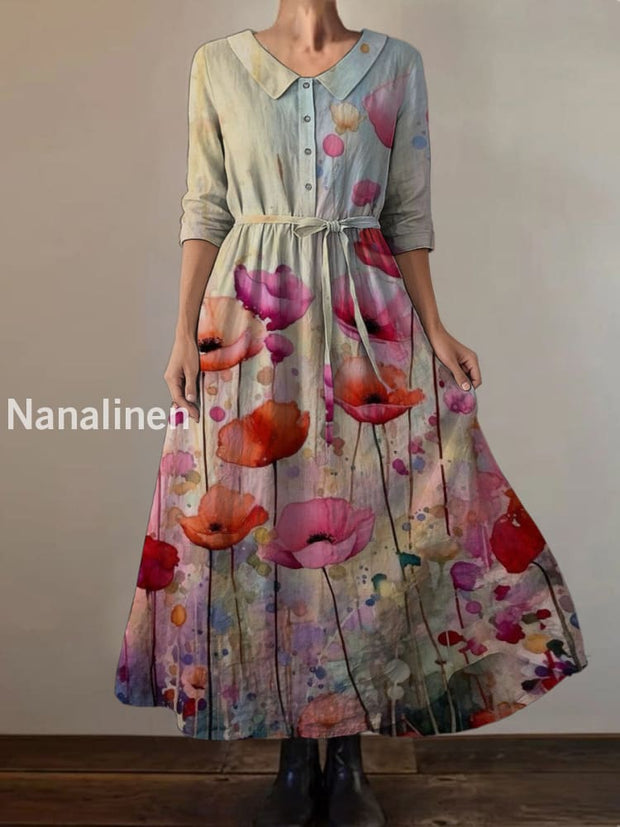 Retro Boho Floral Print Vintage Chic Round Neck Button Long Sleeve Midi Dress A / S