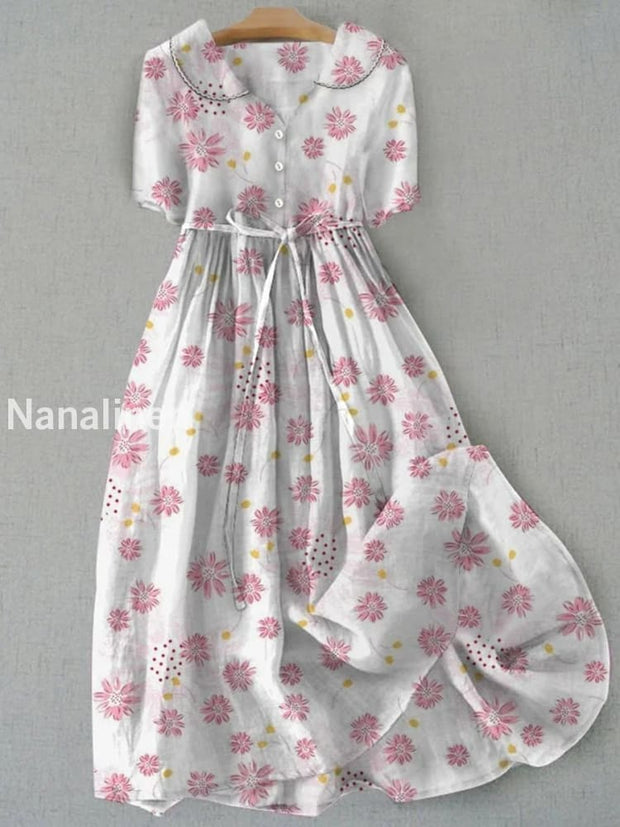 Retro Boho Floral Print Vintage Chic Round Neck Button Long Sleeve Midi Dress A / S