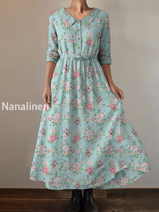Retro Boho Floral Print Vintage Chic Round Neck Button Long Sleeve Midi Dress A / S