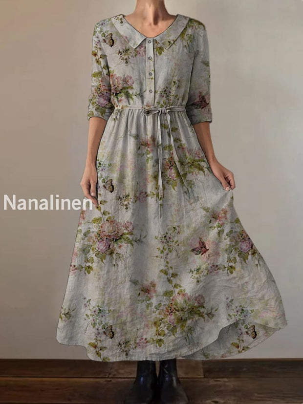 Retro Boho Floral Print Vintage Chic Round Neck Button Long Sleeve Midi Dress A / S