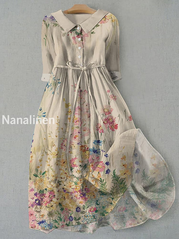 Retro Boho Floral Print Vintage Chic Round Neck Button Long Sleeve Midi Dress A / S
