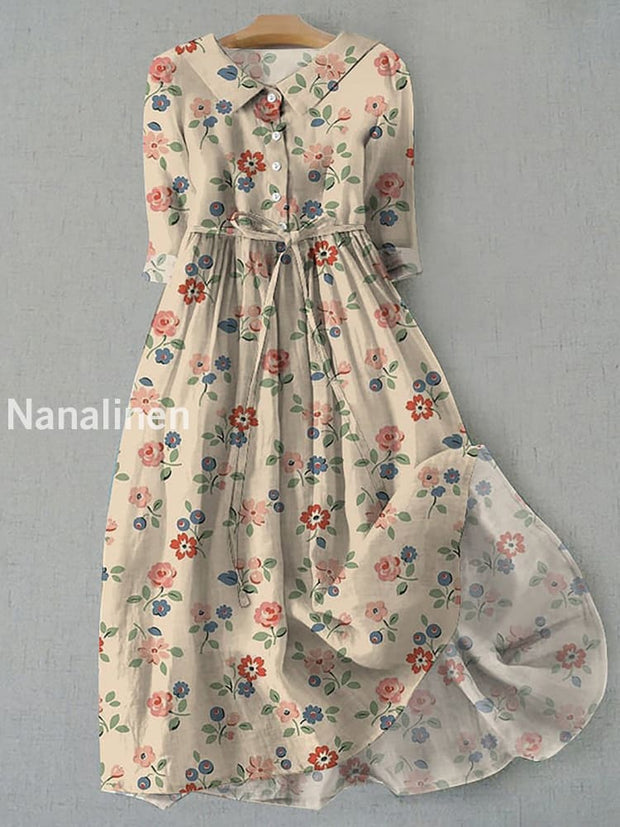 Retro Boho Floral Print Vintage Chic Round Neck Button Long Sleeve Midi Dress A / S