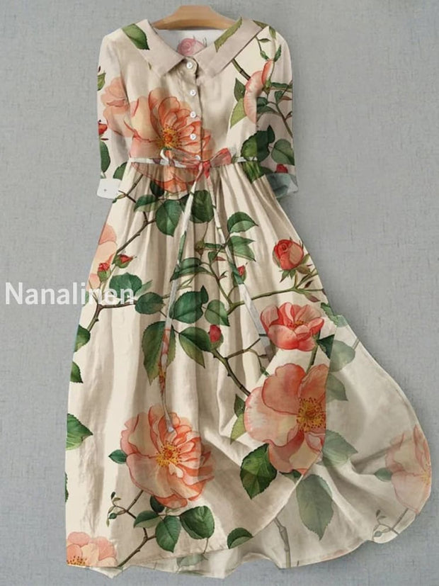 Retro Boho Floral Print Vintage Chic Round Neck Button Long Sleeve Midi Dress A / S