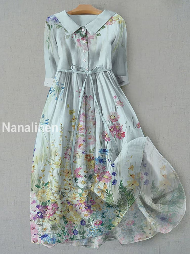 Retro Boho Floral Print Vintage Chic Round Neck Button Long Sleeve Midi Dress B / S