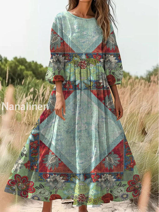 Retro Boho Floral Print Vintage Chic Round Neck Cotton Long Sleeve Midi Dress A / S