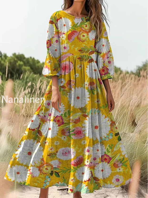 Retro Boho Floral Print Vintage Chic Round Neck Cotton Long Sleeve Midi Dress A / S