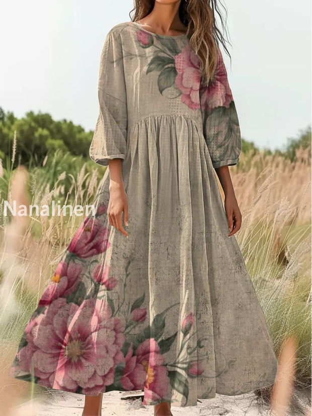 Retro Boho Floral Print Vintage Chic Round Neck Cotton Long Sleeve Midi Dress A / S