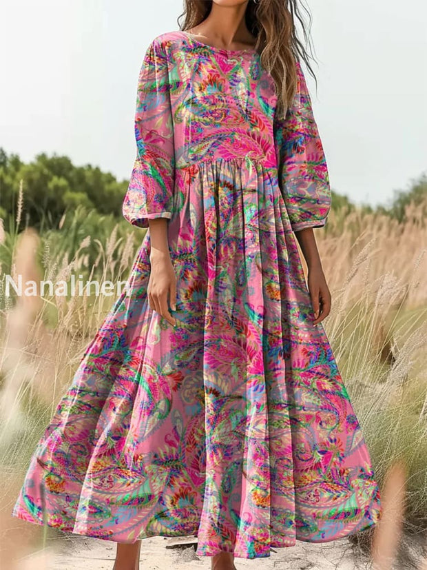 Retro Boho Floral Print Vintage Chic Round Neck Cotton Long Sleeve Midi Dress A / S