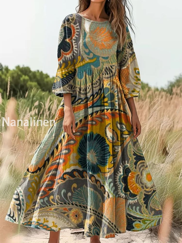 Retro Boho Floral Print Vintage Chic Round Neck Cotton Long Sleeve Midi Dress A / S