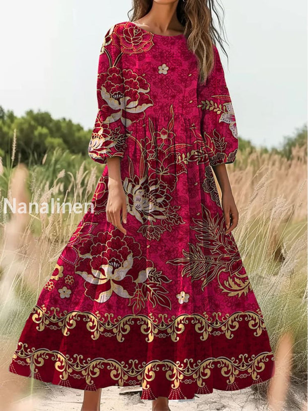 Retro Boho Floral Print Vintage Chic Round Neck Cotton Long Sleeve Midi Dress A / S