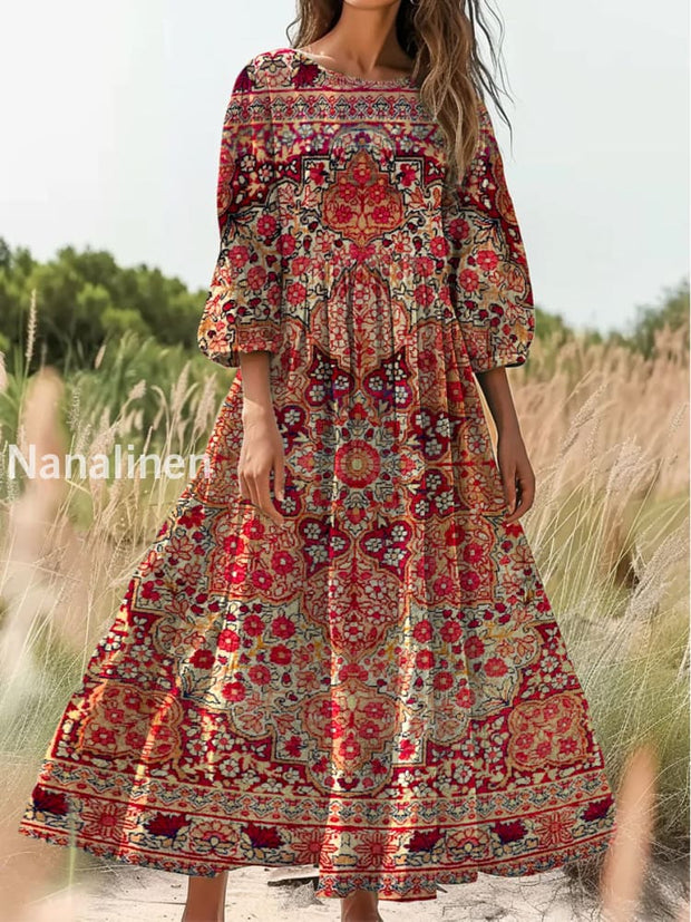 Retro Boho Floral Print Vintage Chic Round Neck Cotton Long Sleeve Midi Dress A / S