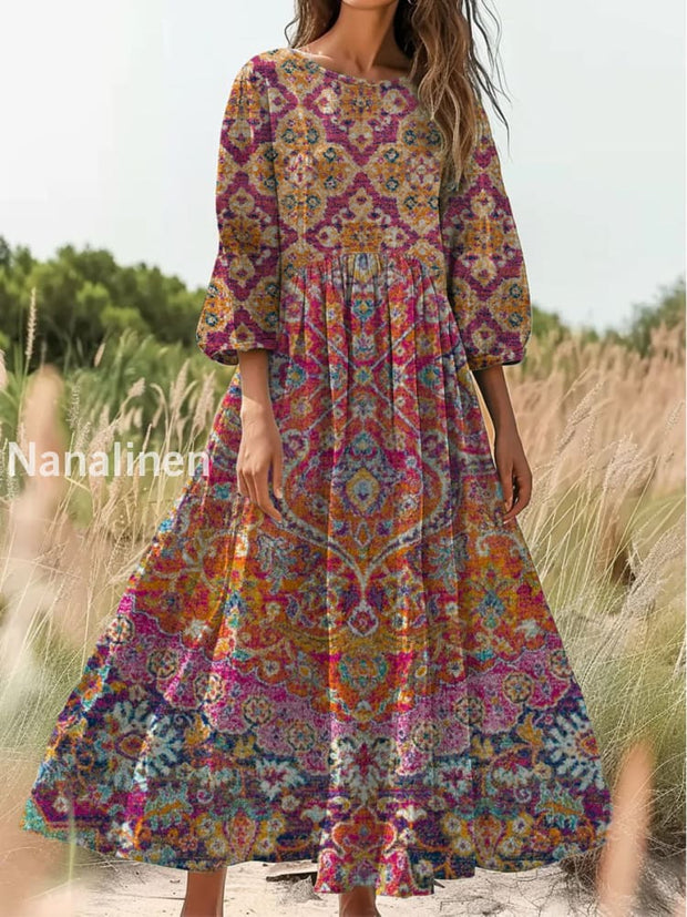 Retro Boho Floral Print Vintage Chic Round Neck Cotton Long Sleeve Midi Dress A / S