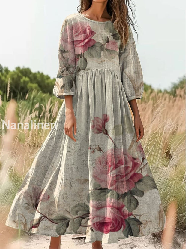 Retro Boho Floral Print Vintage Chic Round Neck Cotton Long Sleeve Midi Dress A / S