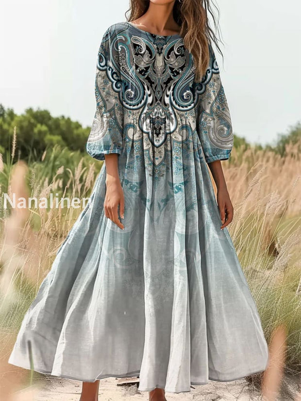 Retro Boho Floral Print Vintage Chic Round Neck Cotton Long Sleeve Midi Dress A / S