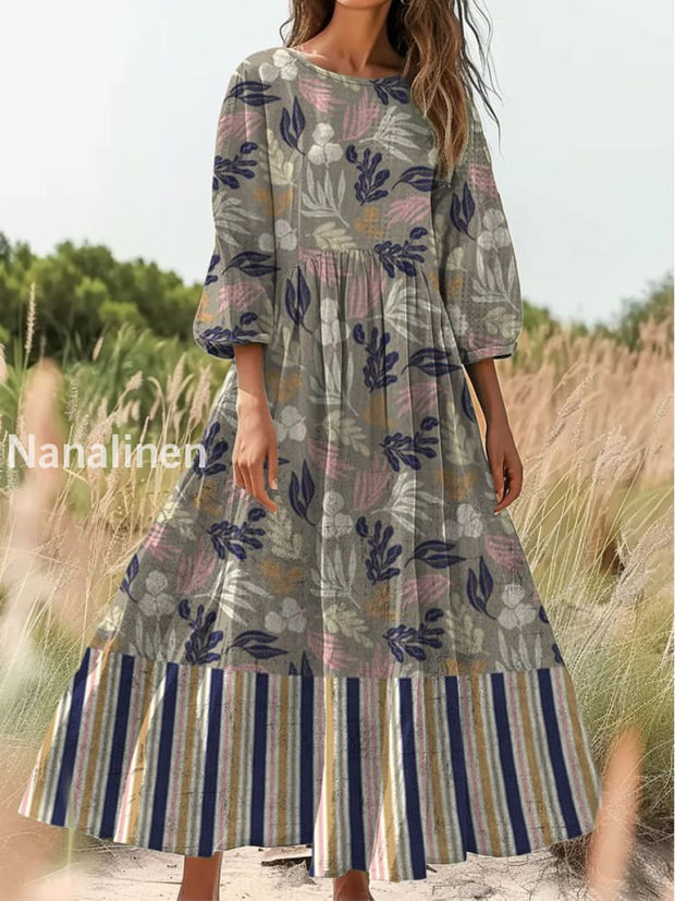 Retro Boho Floral Print Vintage Chic Round Neck Cotton Long Sleeve Midi Dress A / S