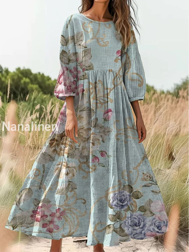Retro Boho Floral Print Vintage Chic Round Neck Cotton Long Sleeve Midi Dress A / S