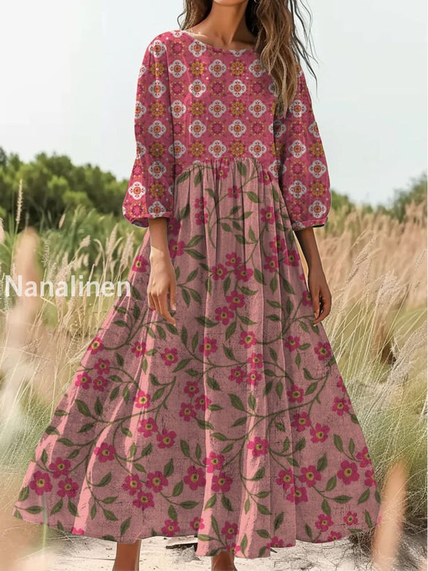 Retro Boho Floral Print Vintage Chic Round Neck Cotton Long Sleeve Midi Dress A / S