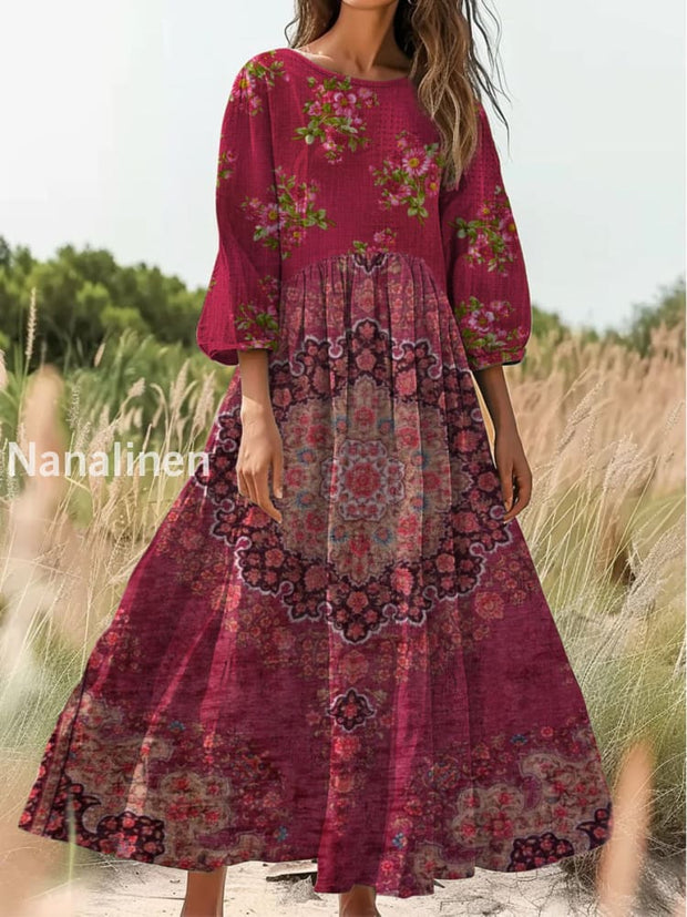 Retro Boho Floral Print Vintage Chic Round Neck Cotton Long Sleeve Midi Dress A / S