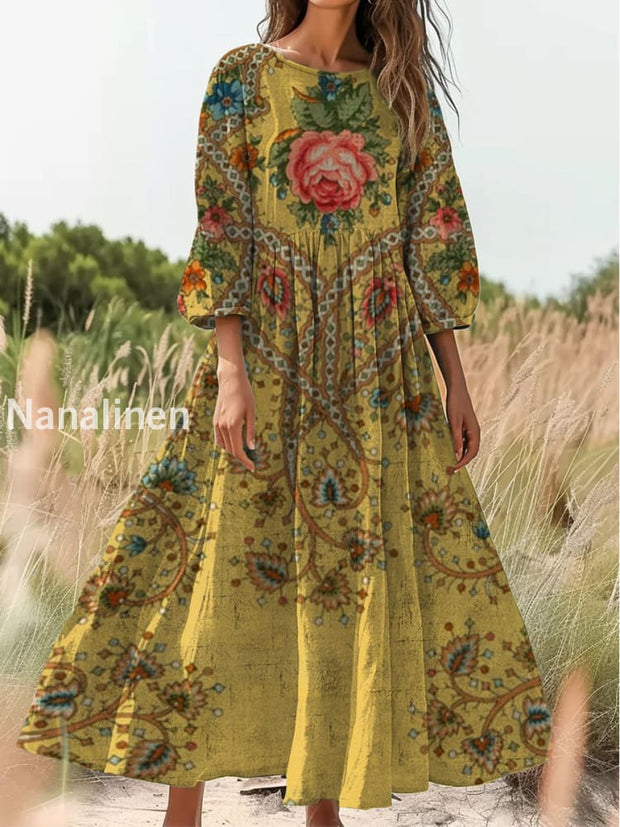 Retro Boho Floral Print Vintage Chic Round Neck Cotton Long Sleeve Midi Dress A / S