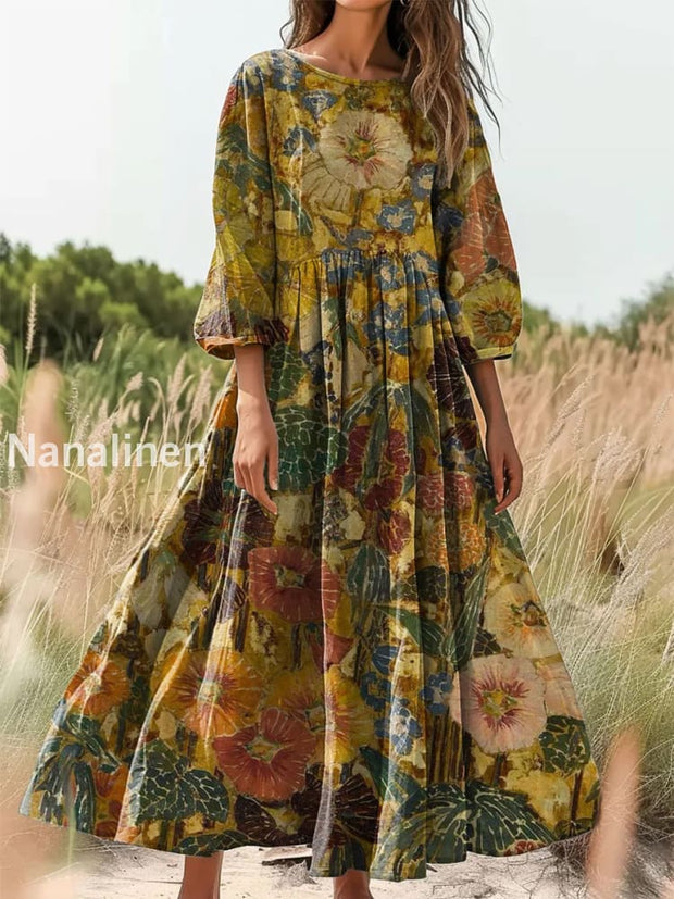 Retro Boho Floral Print Vintage Chic Round Neck Cotton Long Sleeve Midi Dress A / S