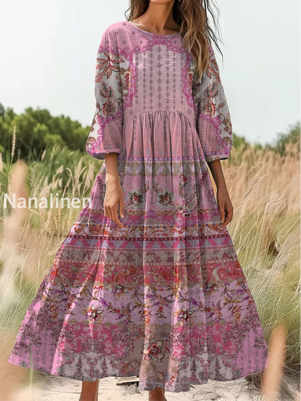 Retro Boho Floral Print Vintage Chic Round Neck Cotton Long Sleeve Midi Dress A / S