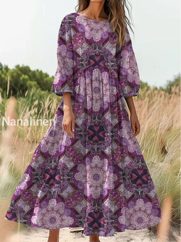 Retro Boho Floral Print Vintage Chic Round Neck Cotton Long Sleeve Midi Dress A / S